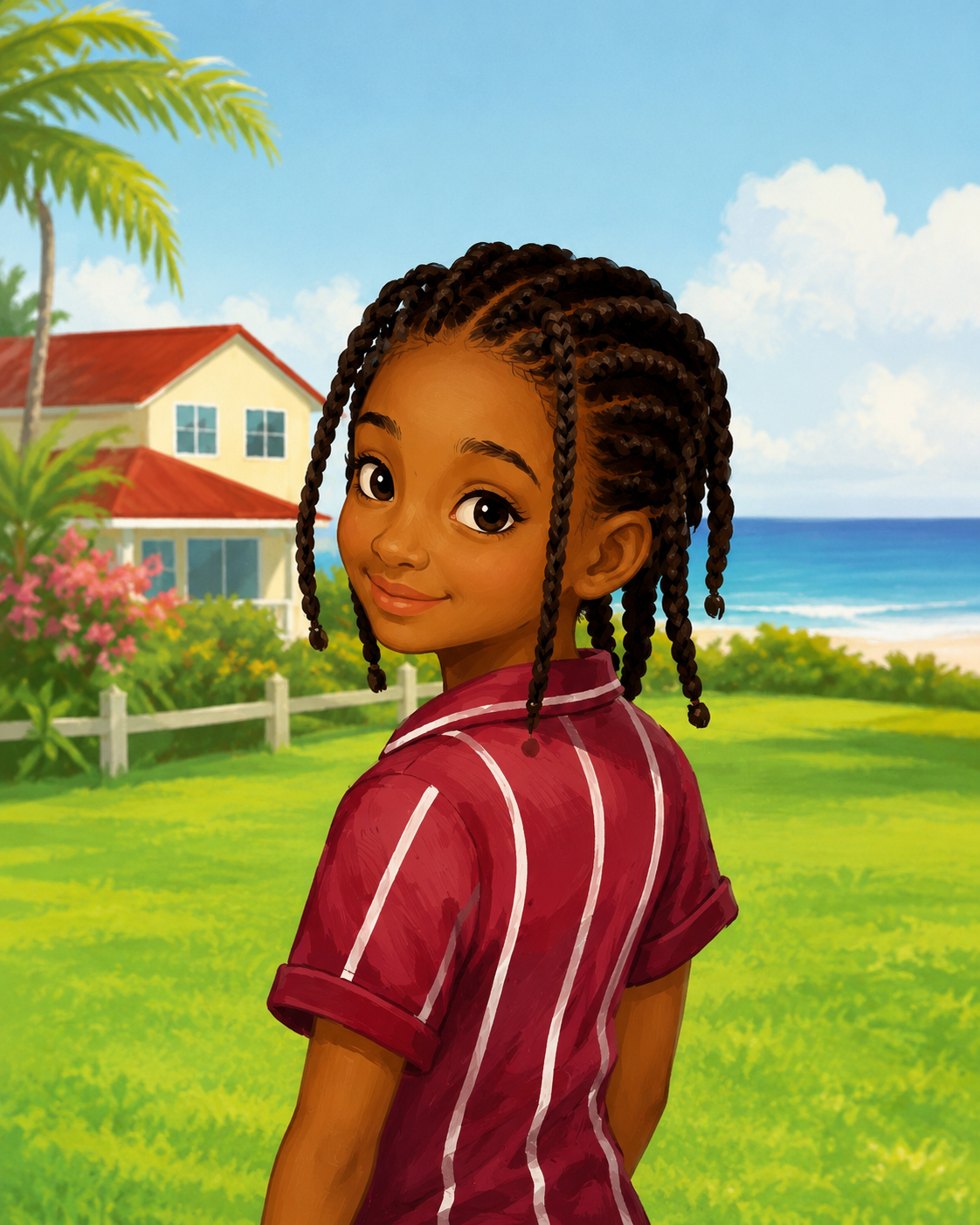 Young Sienna Bailey with traditional plaits in a Caribbean seaside setting
