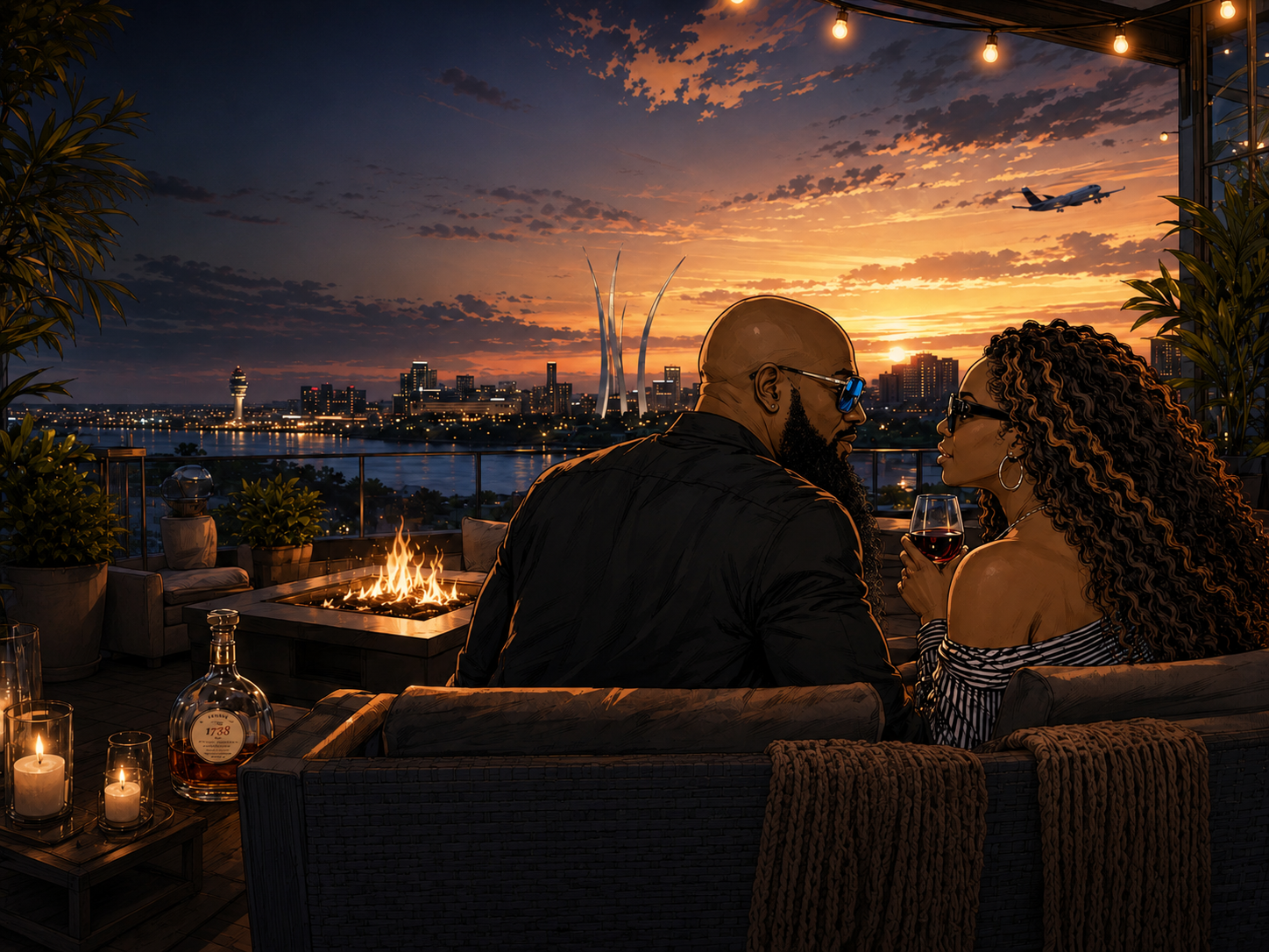 Terrace Tales rooftop evening illustration featuring a Black couple overlooking a waterfront skyline